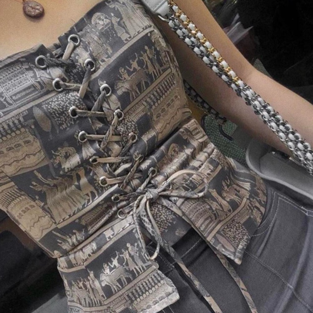 Reformation Black and Gray Patterned Corset Top